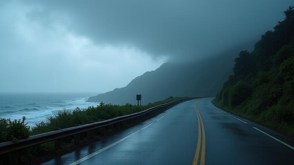 폭우에 대비하는 제주 해안도로의 모습